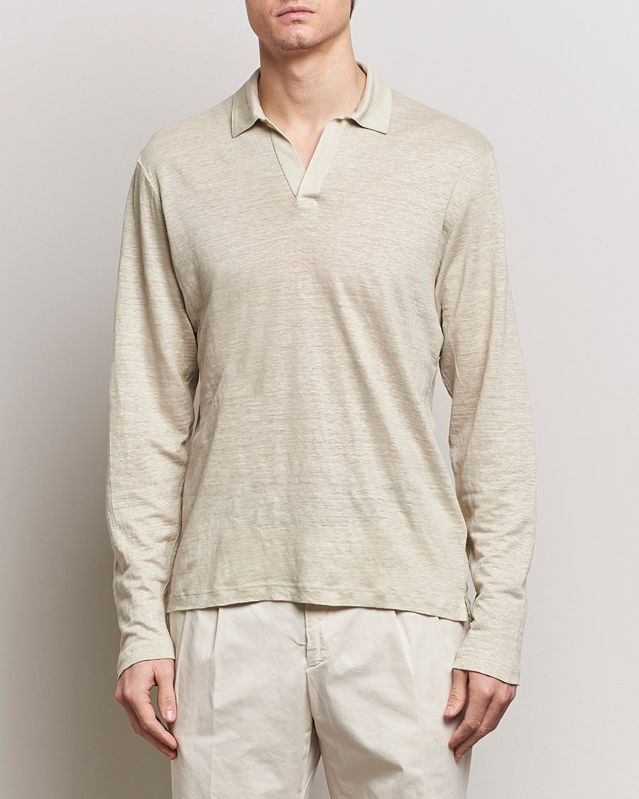 Herren | Gran Sasso | Gran Sasso | Washed Linen Long Sleeve Polo Beige Melange