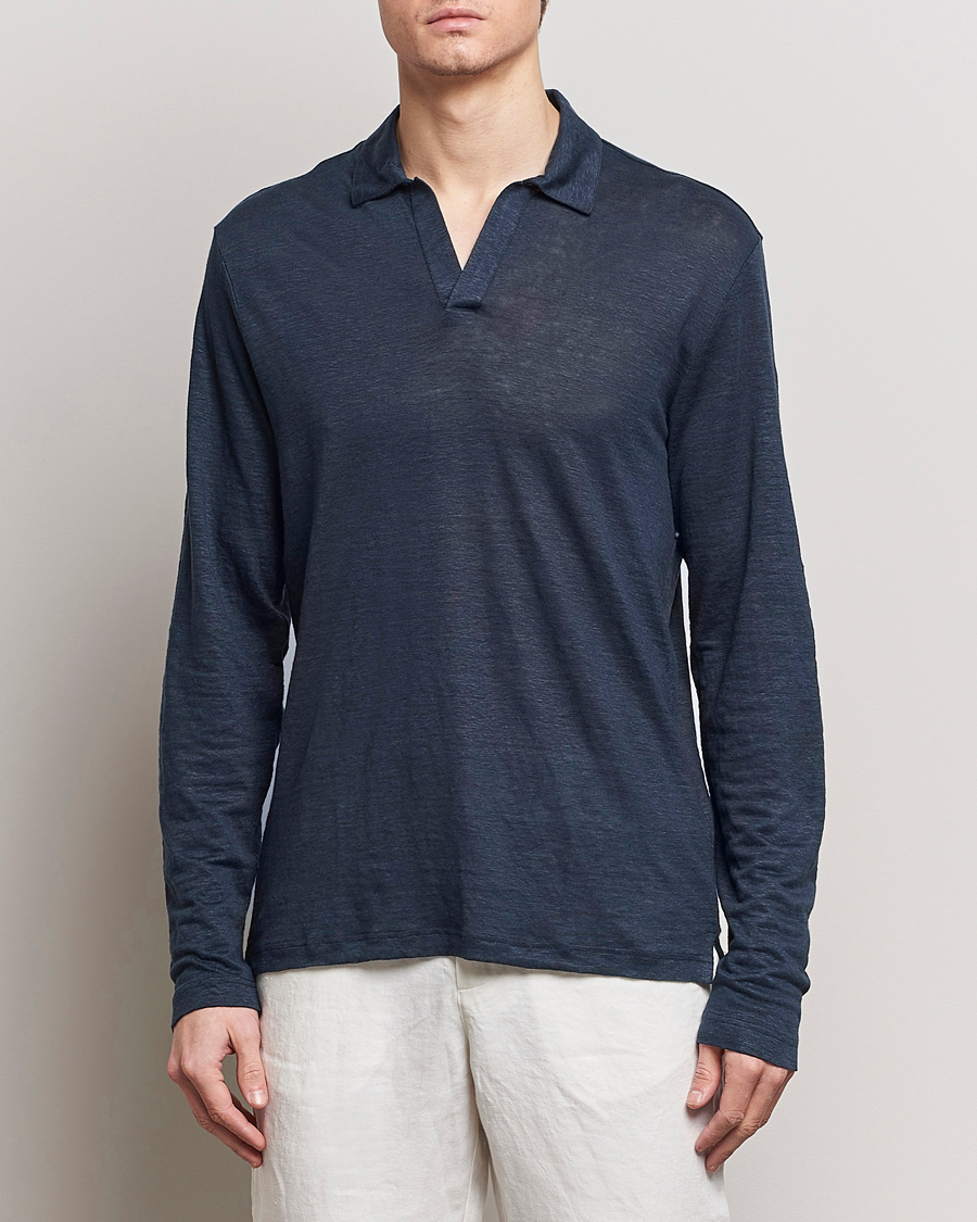 Herren | Langarm-Poloshirts | Gran Sasso | Washed Linen Long Sleeve Polo Navy