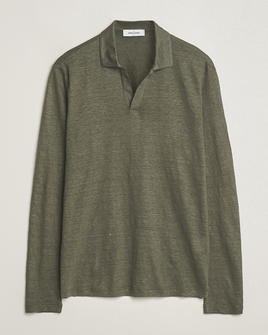 Herren | Pullover | Gran Sasso | Washed Linen Long Sleeve Polo Dark Green Melange