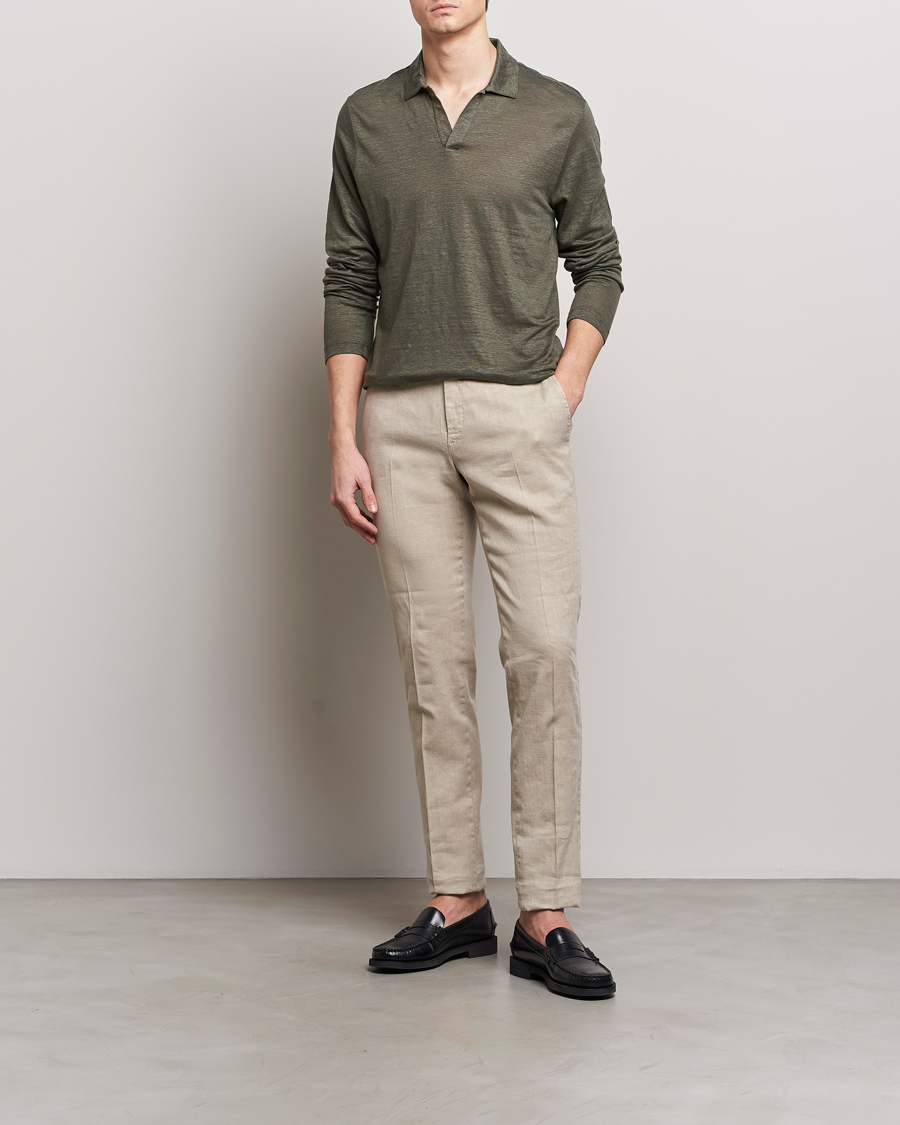 Herren | Pullover | Gran Sasso | Washed Linen Long Sleeve Polo Dark Green Melange