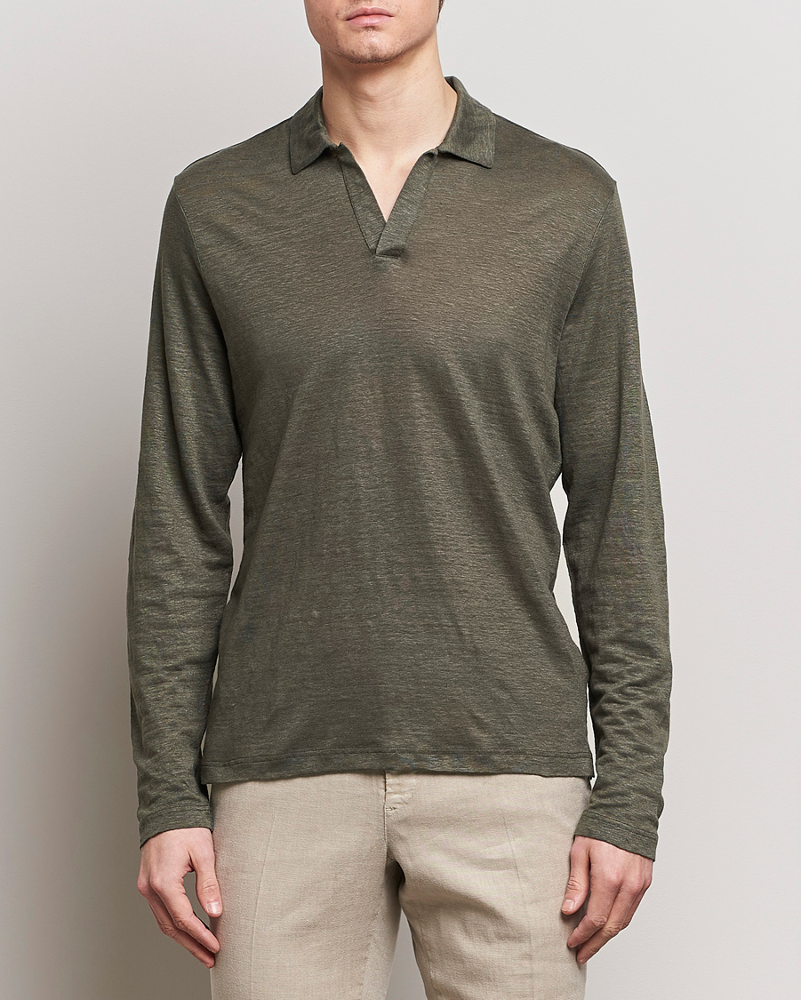 Herren | Italian Department | Gran Sasso | Washed Linen Long Sleeve Polo Dark Green Melange