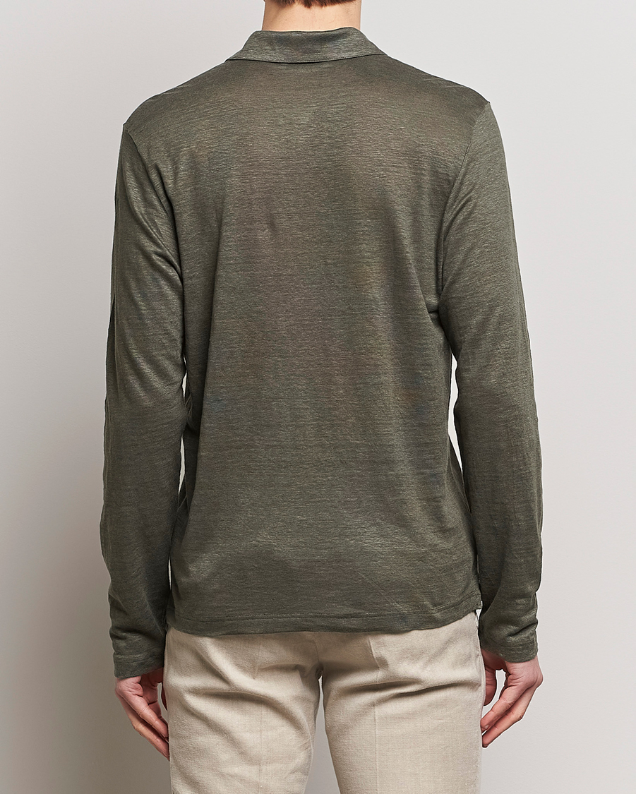 Herren | Pullover | Gran Sasso | Washed Linen Long Sleeve Polo Dark Green Melange