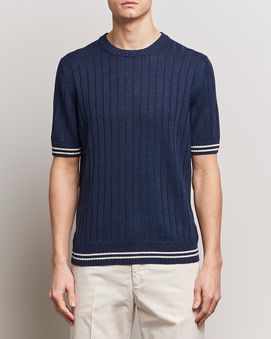 Herren | The Linen Lifestyle | Gran Sasso | Linen/Cotton Structured T-Shirt Navy