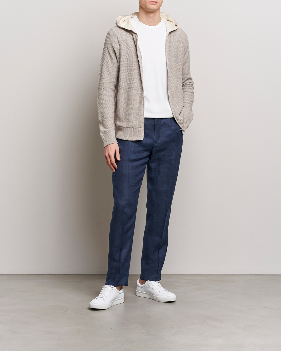 Herren | Pullover | Gran Sasso | Linen/Cotton Knitted Hooded Full Zip Beige Melange