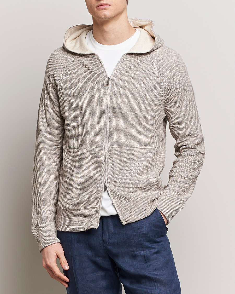 Herren | Pullover | Gran Sasso | Linen/Cotton Knitted Hooded Full Zip Beige Melange