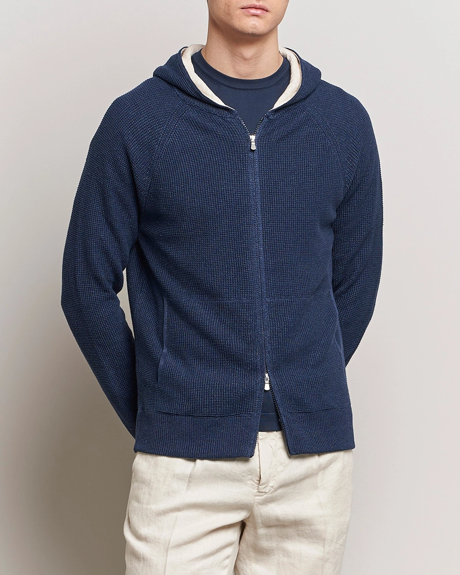 Men |  | Gran Sasso | Linen/Cotton Knitted Hooded Full Zip Navy