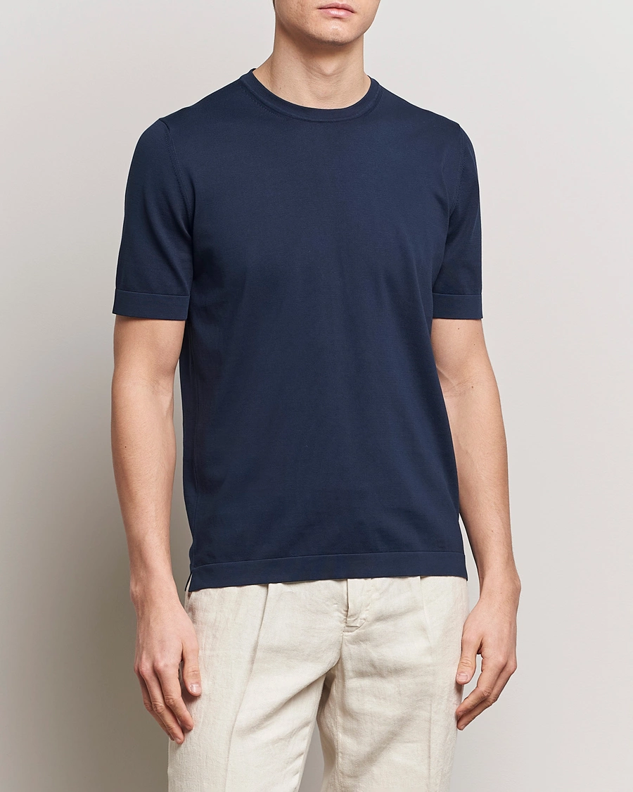 Herren | Italian Department | Gran Sasso | Cotton Knitted Crew Neck T-Shirt Navy