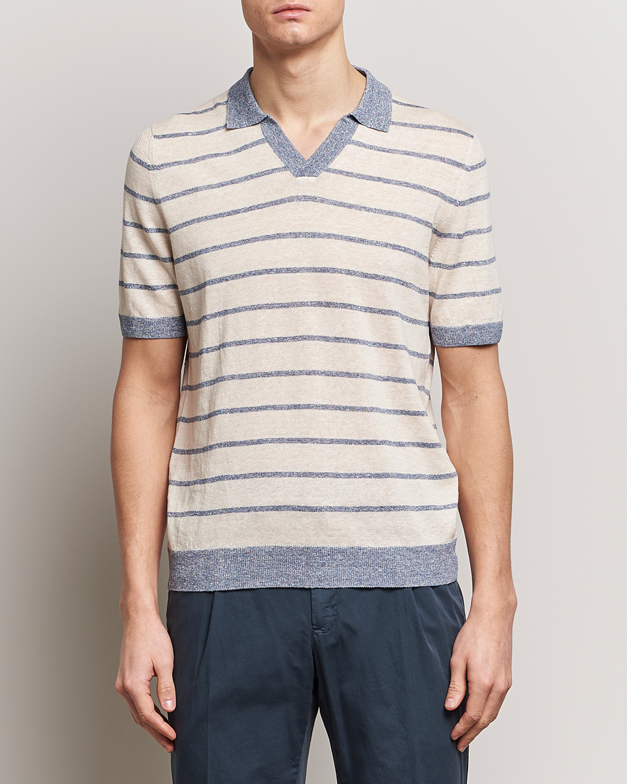Herren | Gran Sasso | Gran Sasso | Linen/Cotton Knitted Striped Open Collar Polo Cream/Blue