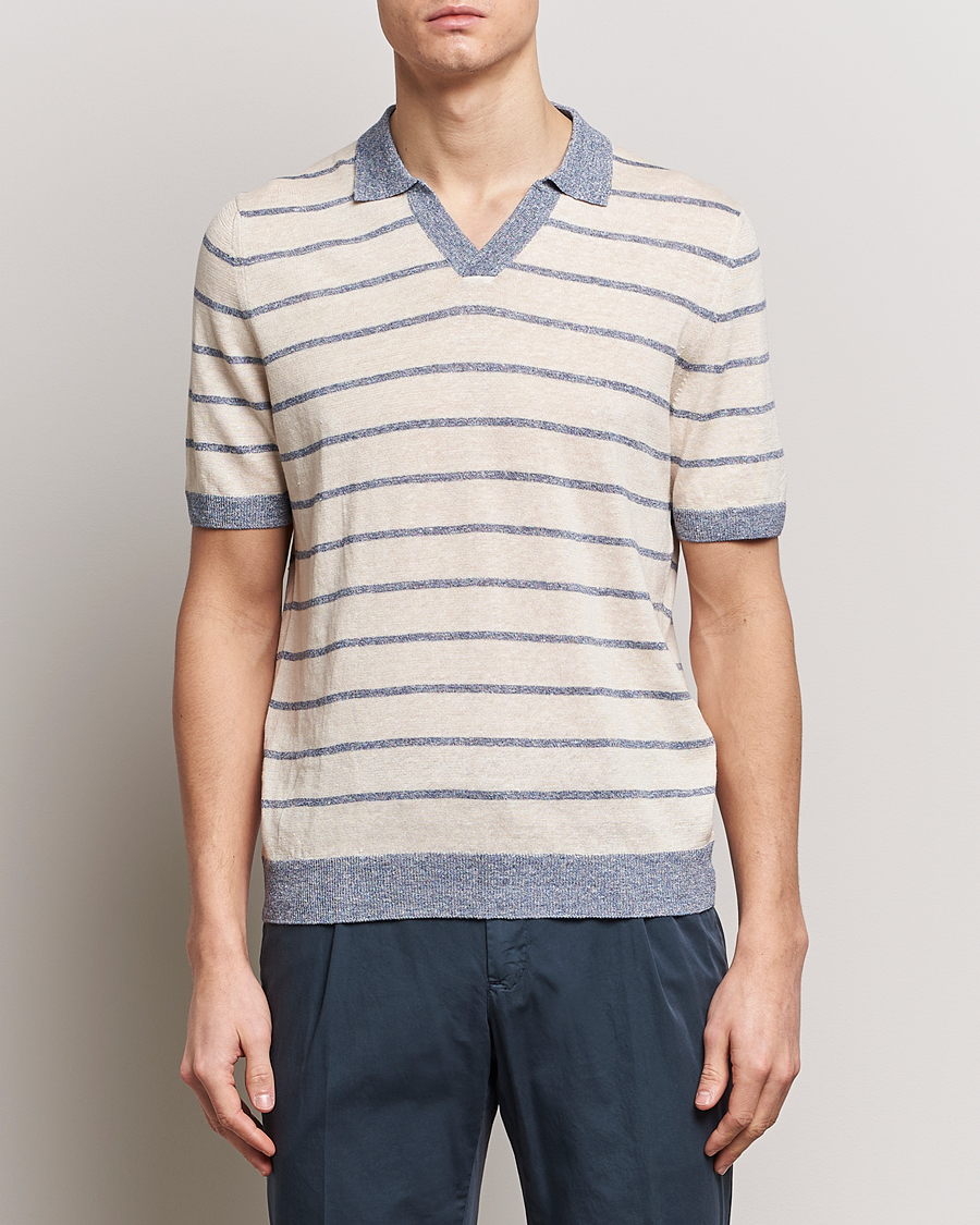 Herr |  | Gran Sasso | Linen/Cotton Knitted Striped Open Collar Polo Cream/Blue