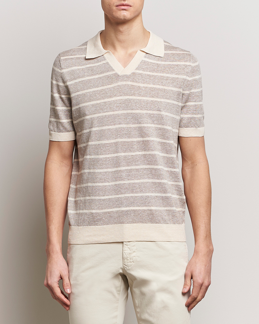 Herren |  | Gran Sasso | Linen/Cotton Knitted Striped Open Collar Polo Beige/Cream