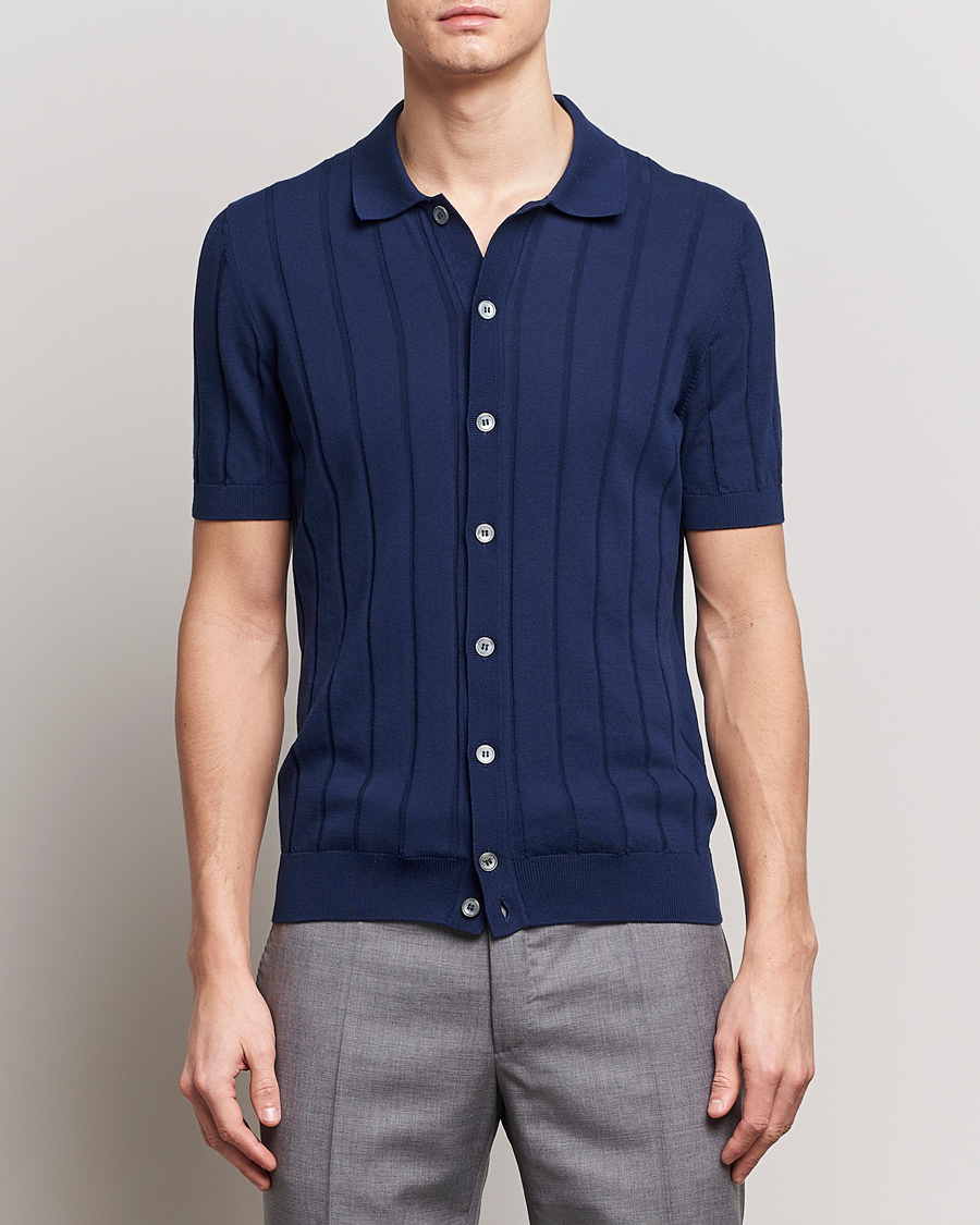 Herren | Italian Department | Gran Sasso | Cotton Structured Knitted Short Sleeve Shirt Light Navy