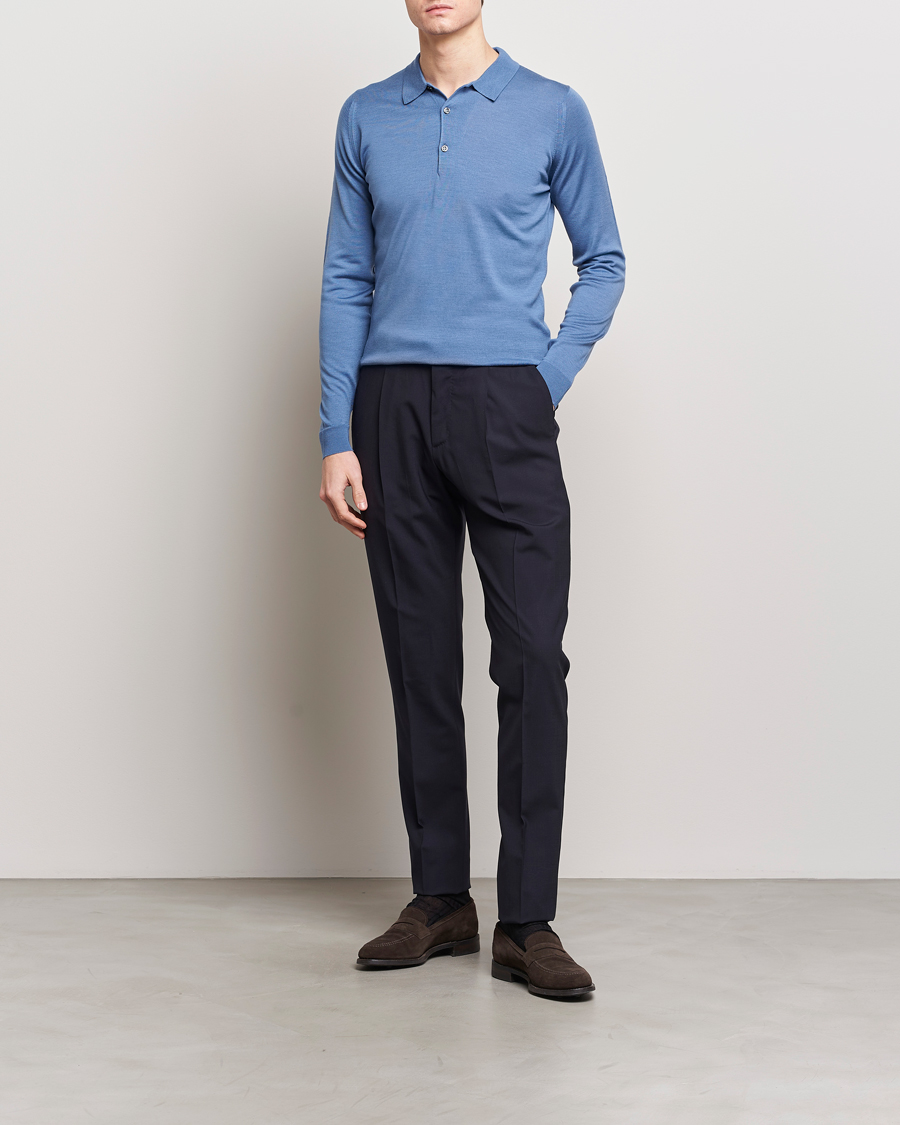 Herren | Pullover | John Smedley | Belper Extra Fine Merino Polo Pullover Riviera Blue