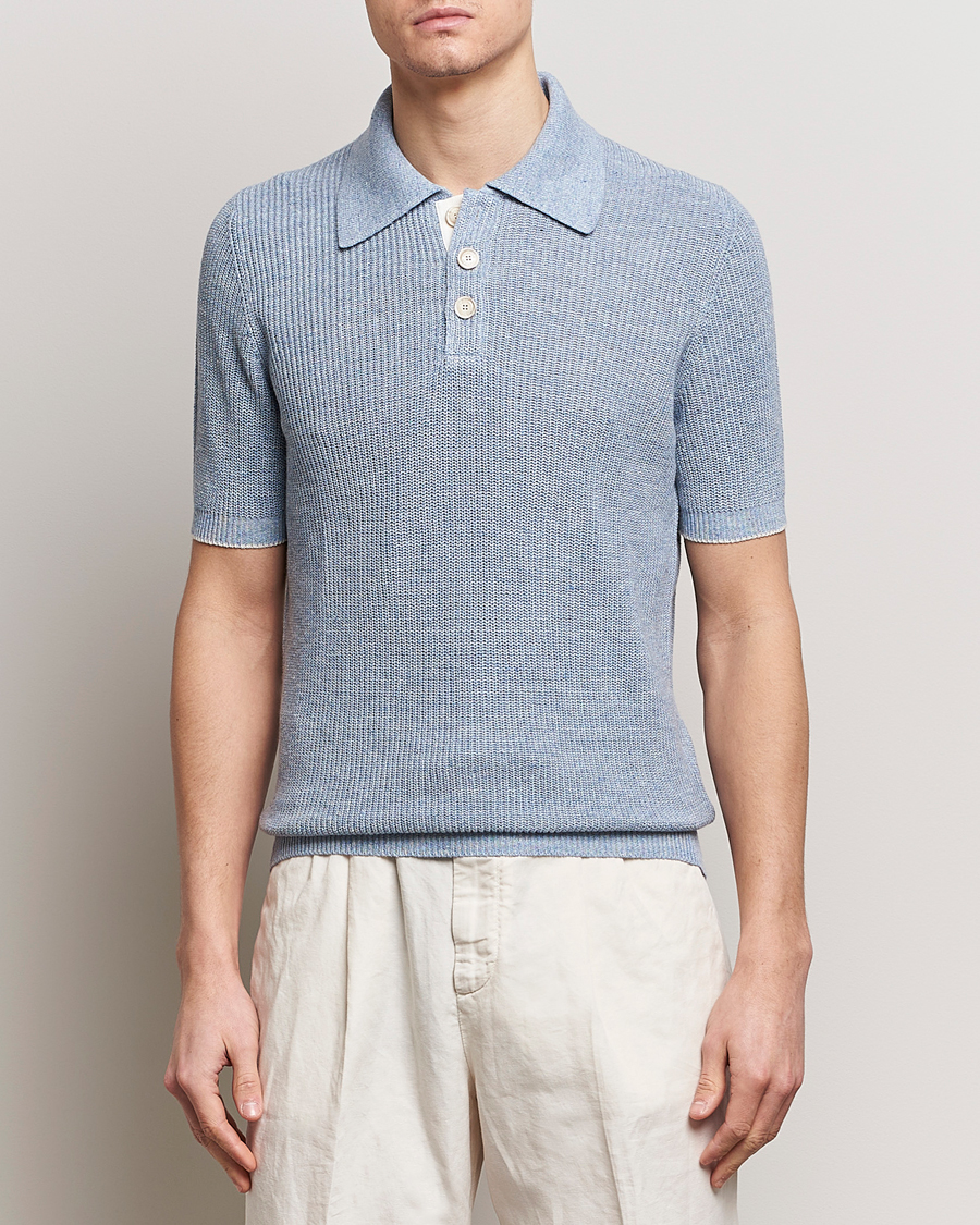 Herren | Poloshirts | Brunello Cucinelli | Cotton/Linen Rib Knitted Polo Light Blue