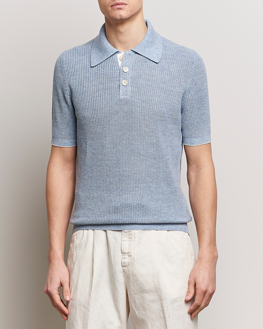 Herr |  | Brunello Cucinelli | Cotton/Linen Rib Knitted Polo Light Blue