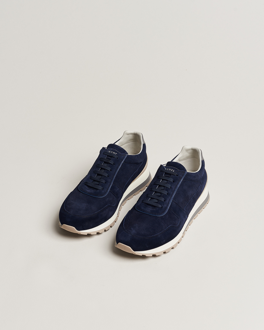 Herr | Sneakers | Brunello Cucinelli | Perforated Running Sneakers Navy Suede