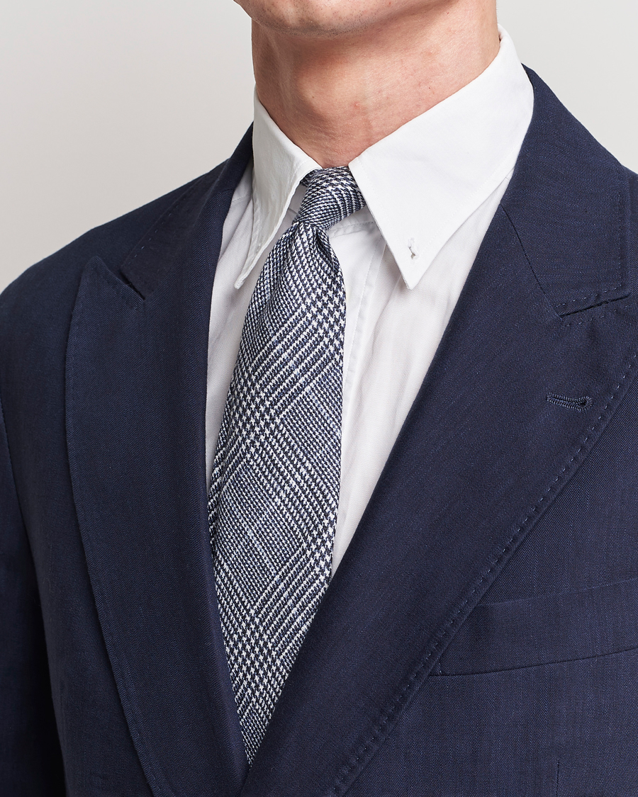Men |  | Brunello Cucinelli | Prince Of Wales Linen Tie Dark Blue