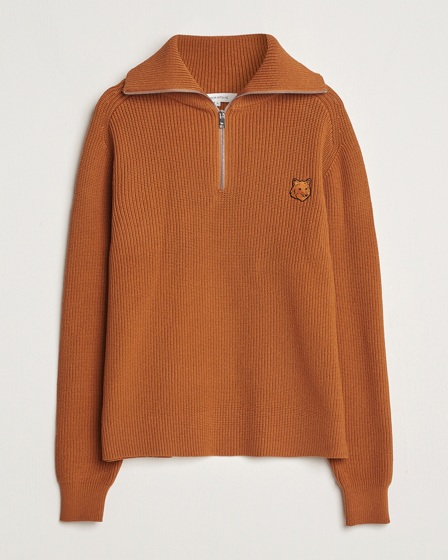 Herren | Pullover | Maison Kitsuné | Tonal Fox Head Ribbed Half Zip Tobacco