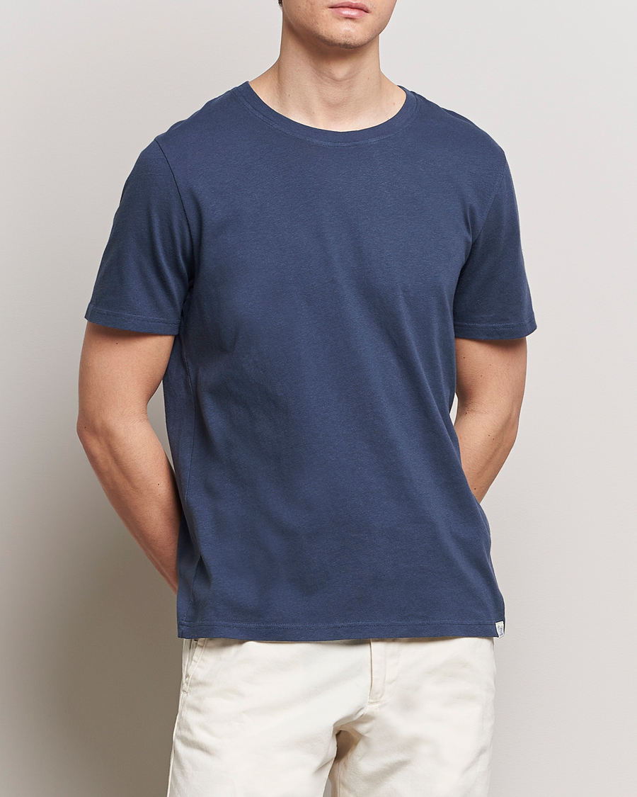 Herren |  | Merz b. Schwanen | Organic Cotton Washed Crew Neck T-Shirt Denim Blue