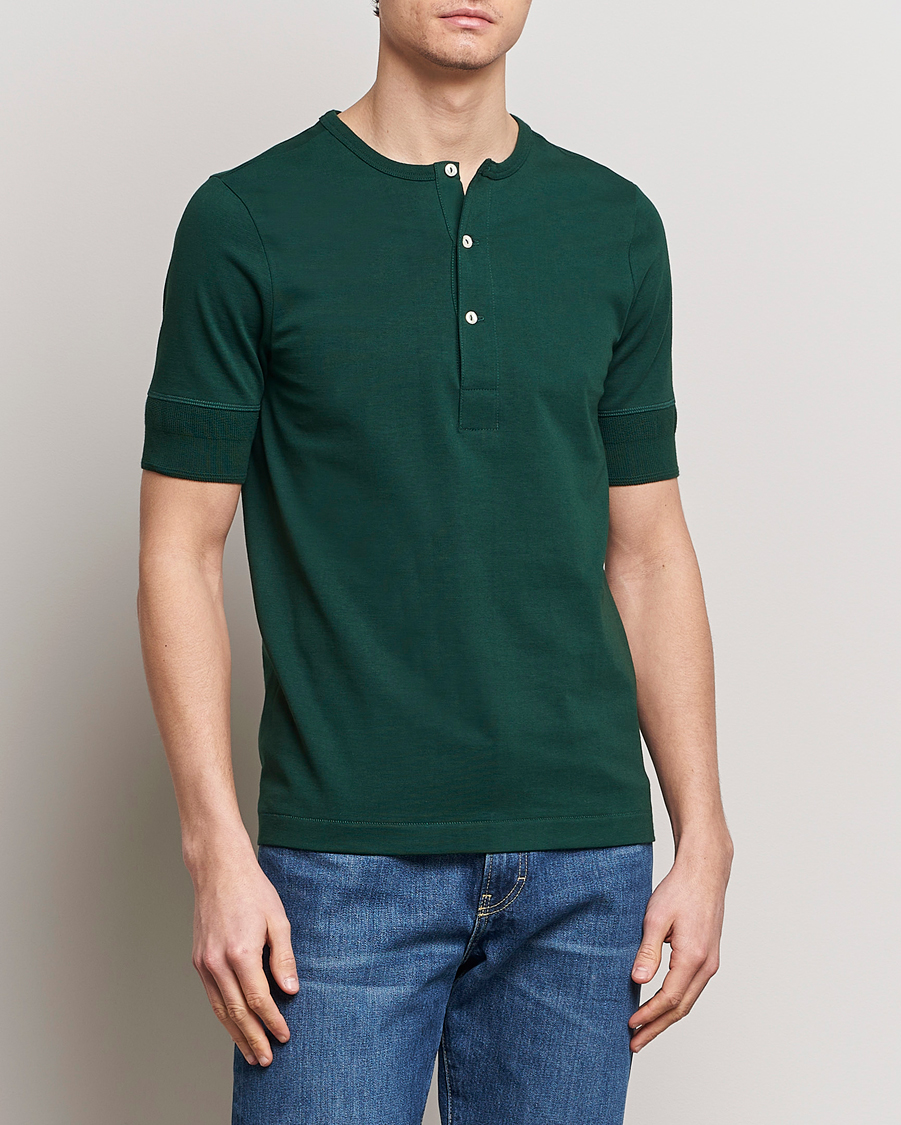 Herr | T-Shirts | Merz b. Schwanen | Short Sleeve Organic Cotton Henley Classic Green