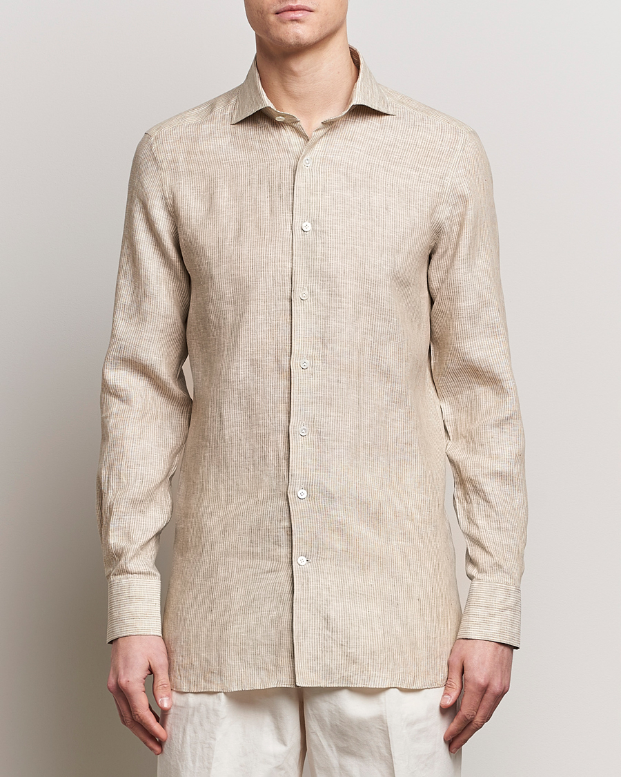 Herren | Business Casual | 100Hands | Striped Linen Shirt Brown