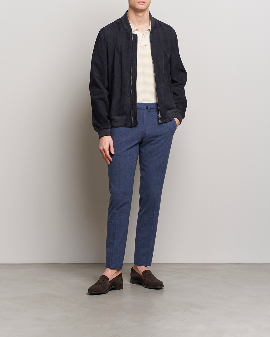 Herren | Hosen | Incotex | Slim Fit Cotton/Linen Micro Houndstooth Trousers Dark Blue