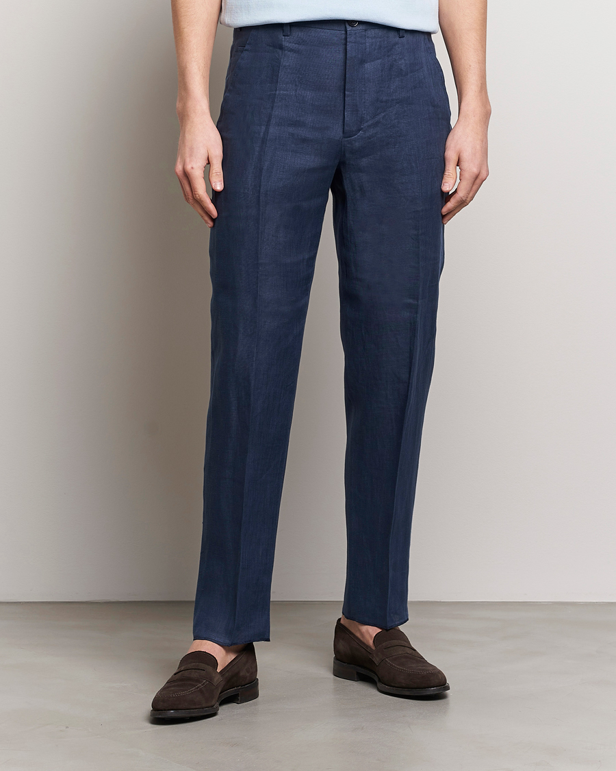 Men |  | Incotex | Straight Fit Pure Linen Trousers Navy