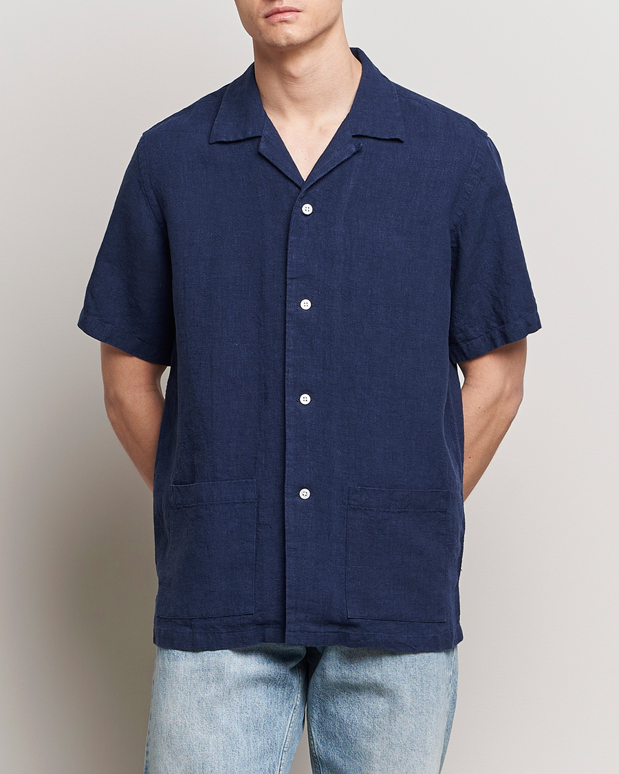 Men |  | Kamakura Shirts | Vintage Ivy Heavy Linen Beach Shirt Navy