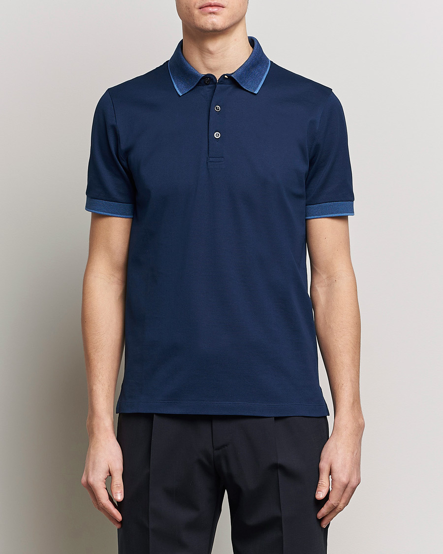 Herren |  | Canali | Contrast Collar Short Sleeve Polo Dark Blue