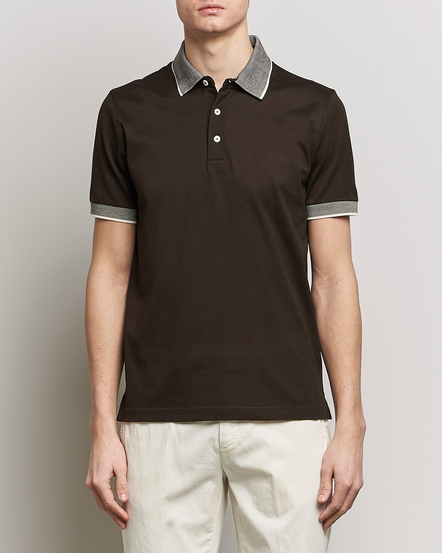 Herren |  | Canali | Contrast Collar Short Sleeve Polo Dark Brown