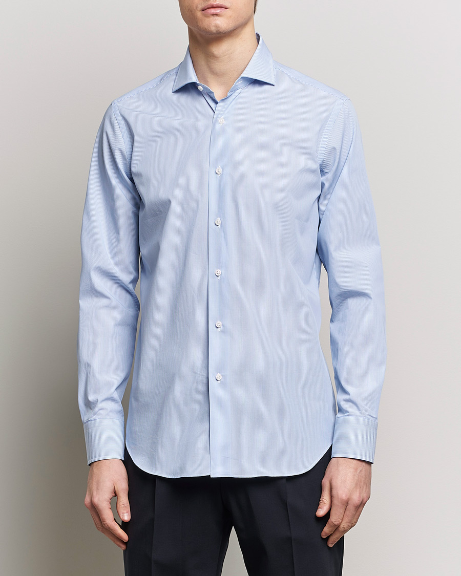 Herren | Formelle Hemden | Grigio | Cotton Poplin Dress Shirt Light Blue Stripe