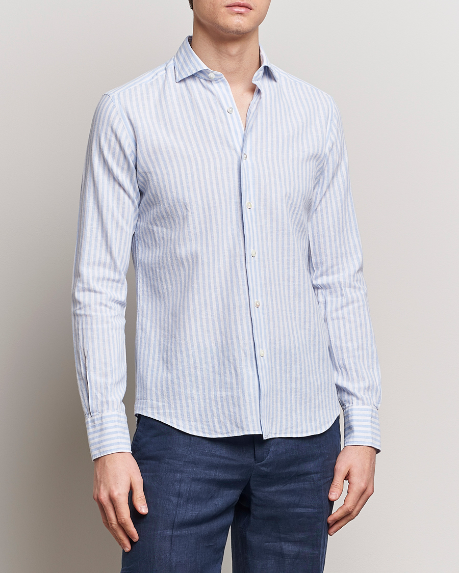 Herren | Hemden | Grigio | Washed Linen Shirt Light Blue Stripe