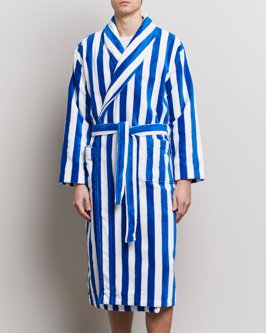 Herren | Best of British | Derek Rose | Cotton Velour Striped Gown Blue/White