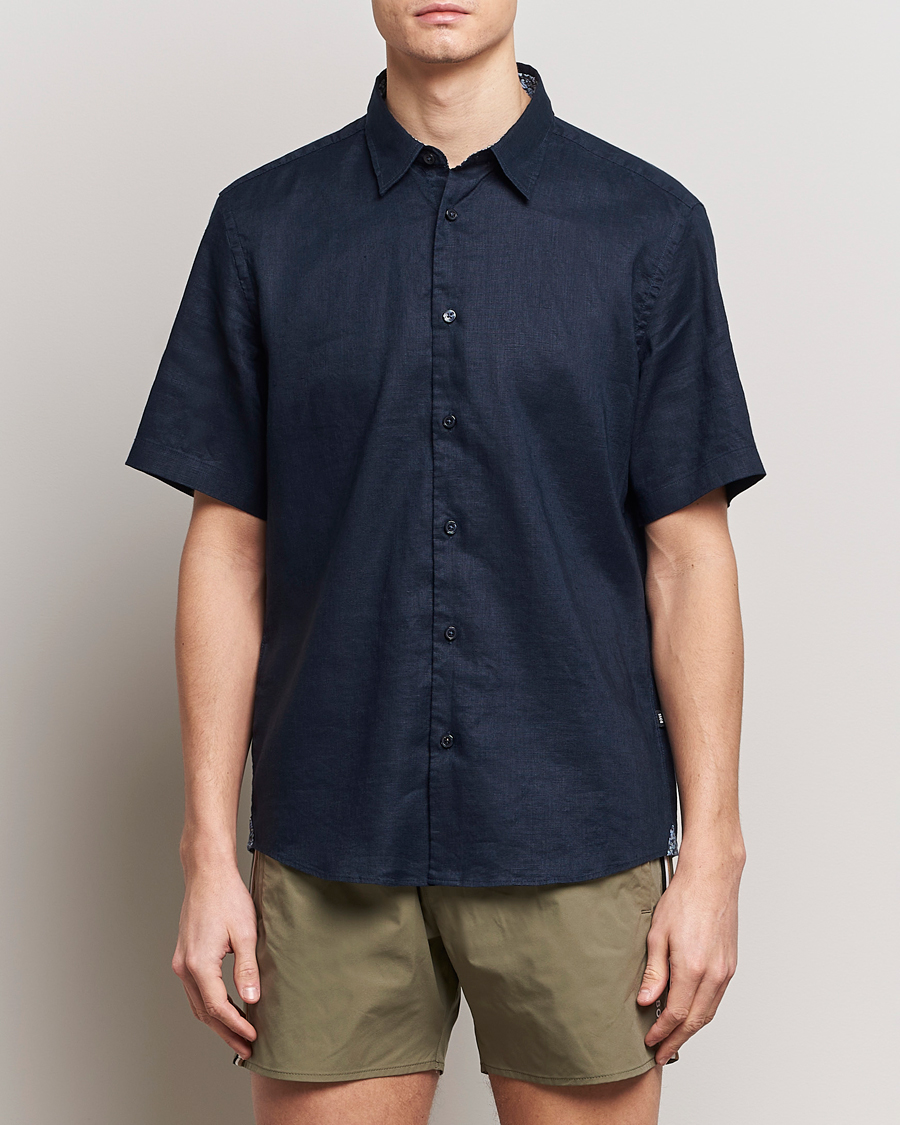 Herren | Business & Beyond | BOSS BLACK | Liam Short Sleeve Linen Shirt Dark Blue