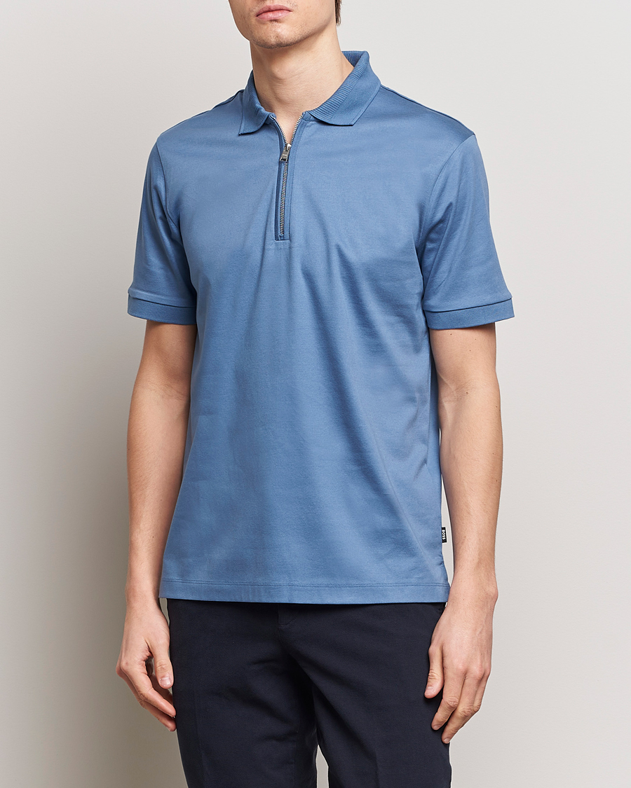 Herren | Kurzarm-Poloshirts | BOSS BLACK | Polston Half Zip Polo Light Blue