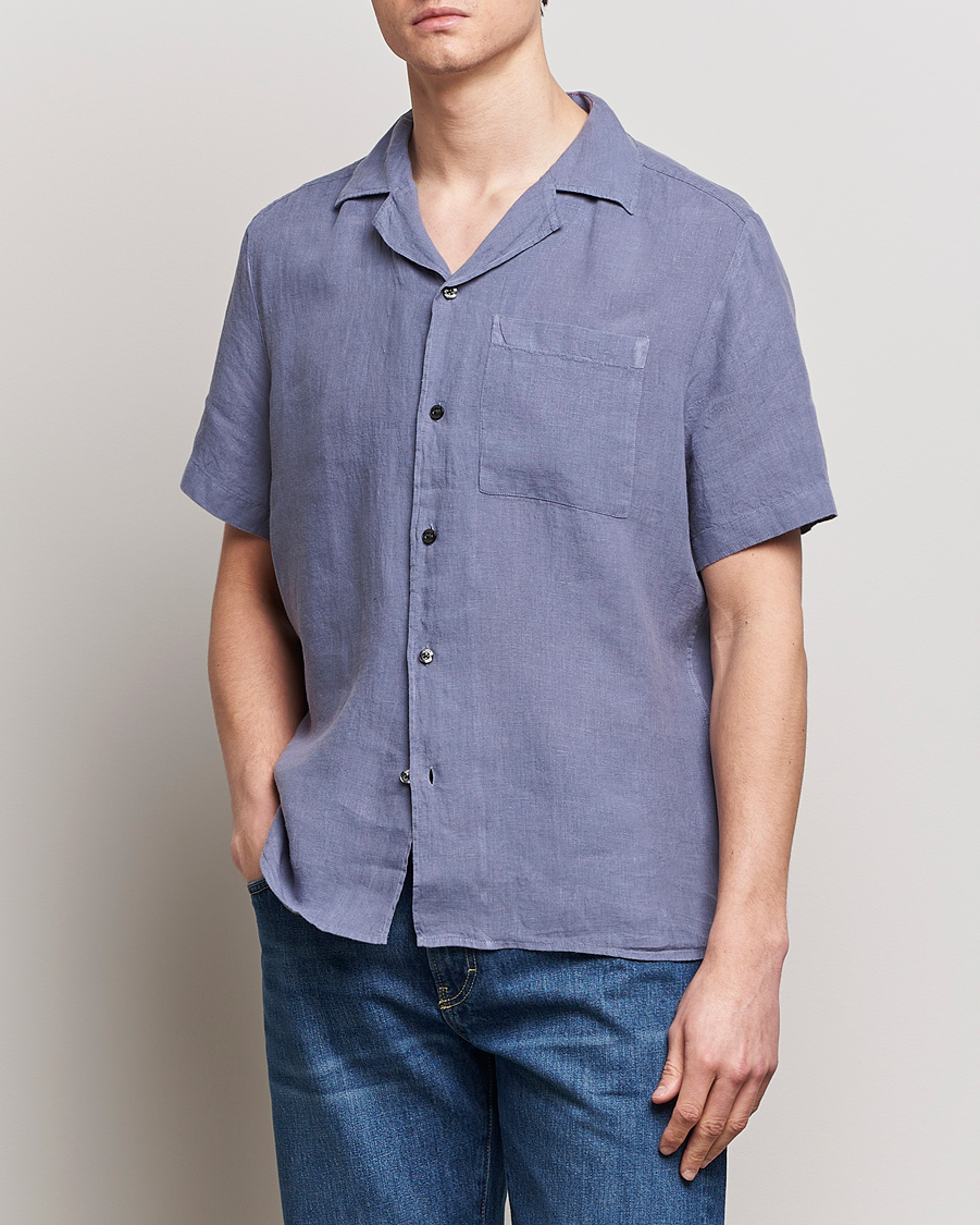Herr | Kortärmade skjortor | HUGO | Ellino Short Sleeve Linen Shirt Open Blue