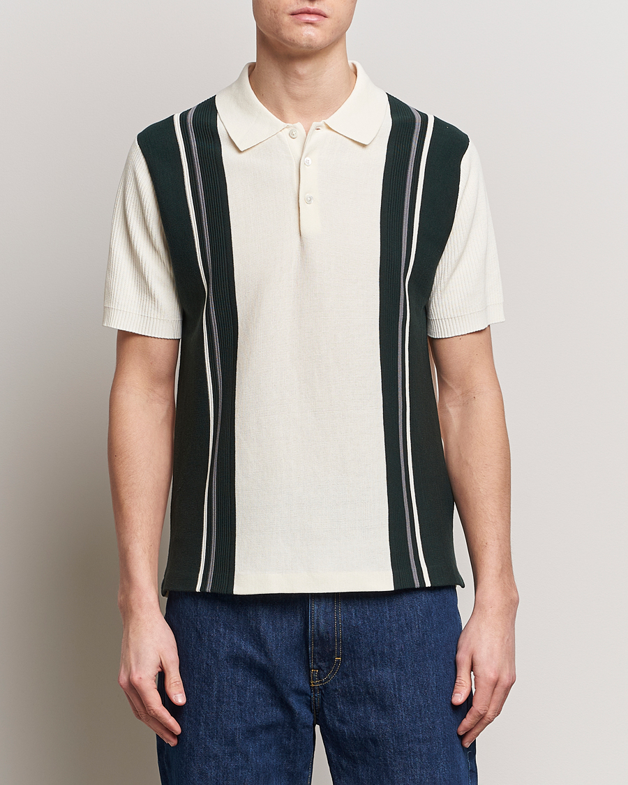 Herren | BEAMS PLUS | BEAMS PLUS | Knit Stripe Short Sleeve Polo White/Green