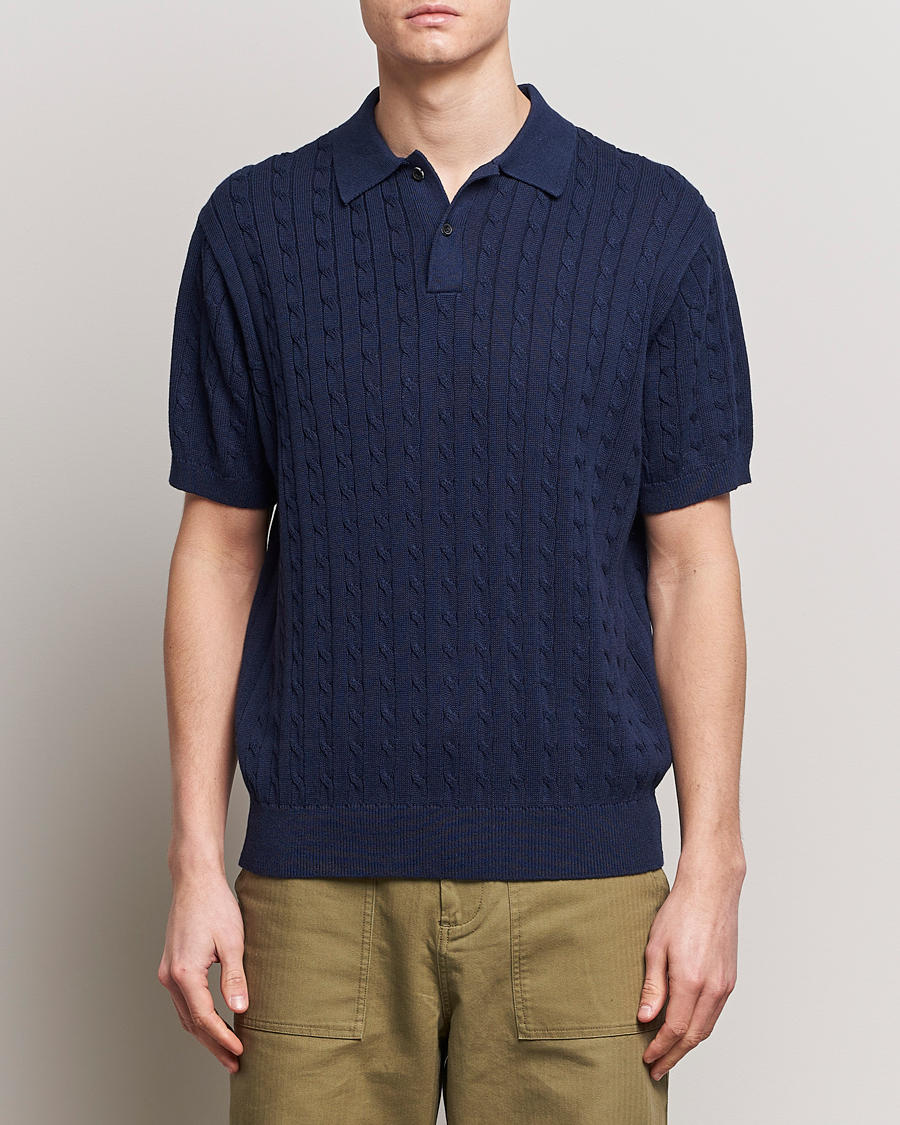 Herren | Poloshirts | BEAMS PLUS | Short Sleeve Cable Polo Navy