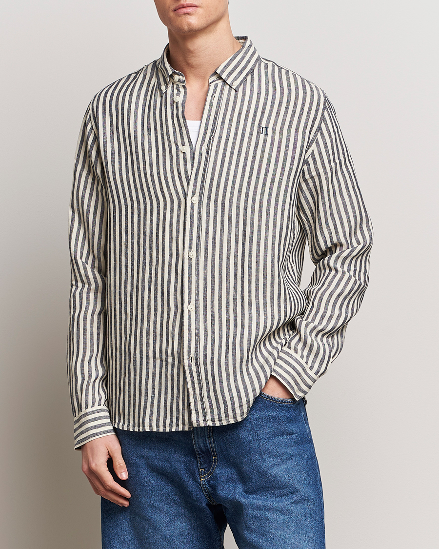 Herren | Neue Produktbilder | LES DEUX | Kristian Striped Linen Button Down Shirt Ivory/Navy
