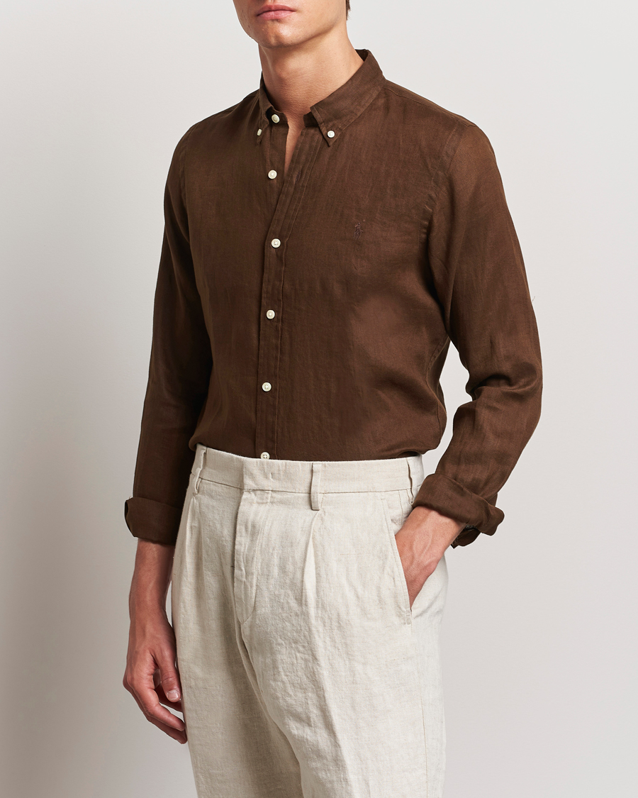 Herren |  | Polo Ralph Lauren | Slim Fit Linen Button Down Shirt Chocolate Mousse