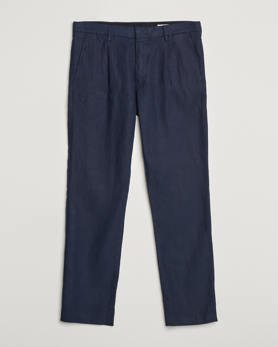 Herren |  | NN07 | Bill Pleated Linen Trousers Navy Blue