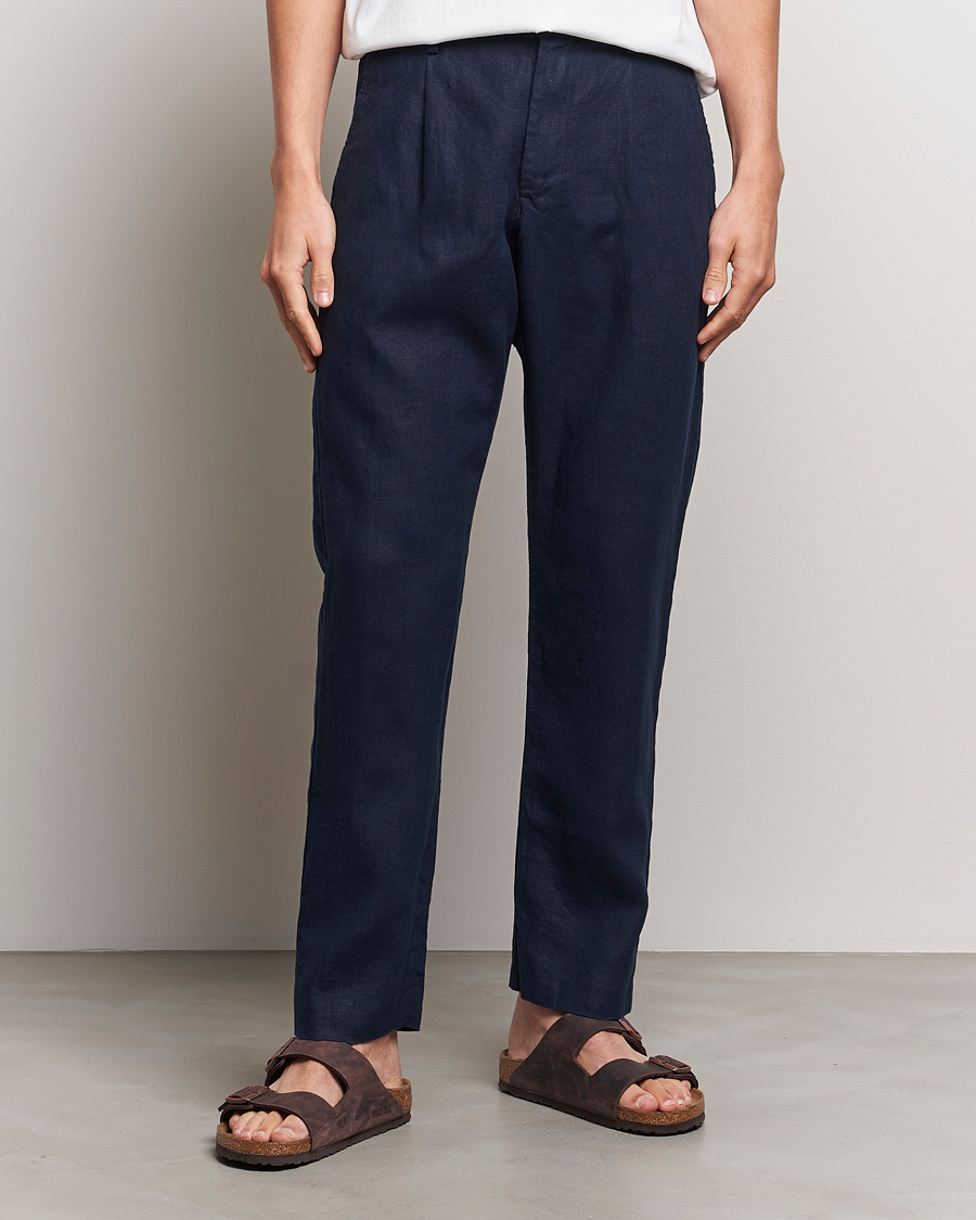 Herre | Tøj | NN07 | Bill Pleated Linen Trousers Navy Blue