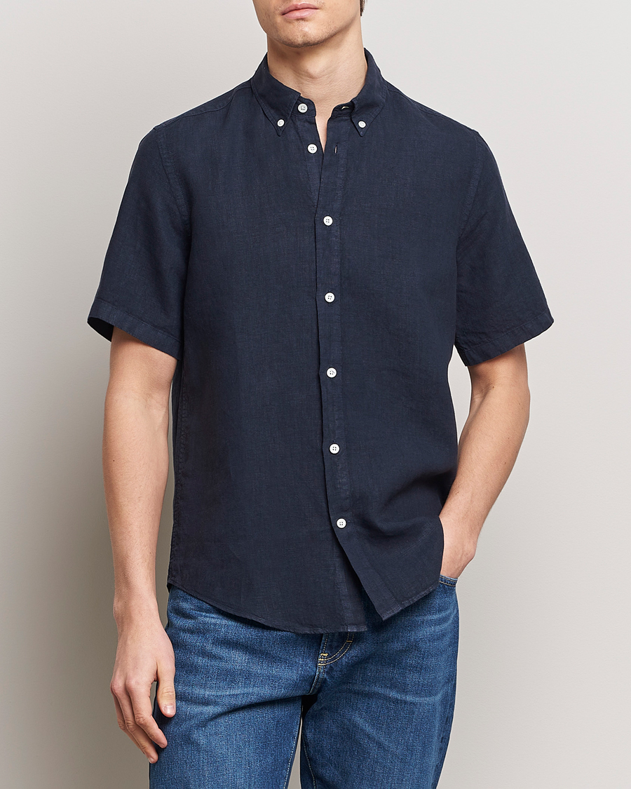 Herr | Kläder | NN07 | Arne Linen Short Sleeve Shirt Navy Blue