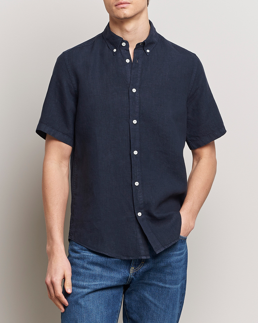 Herr | NN07 | NN07 | Arne Linen Short Sleeve Shirt Navy Blue