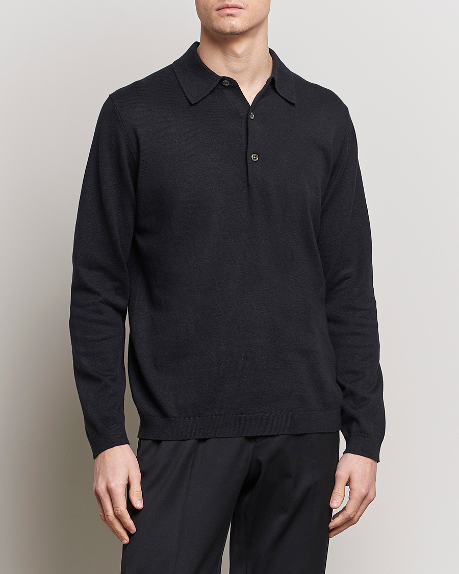Herren | Pullover | A Day's March | Ambroz Cotton/Linen Polo Black