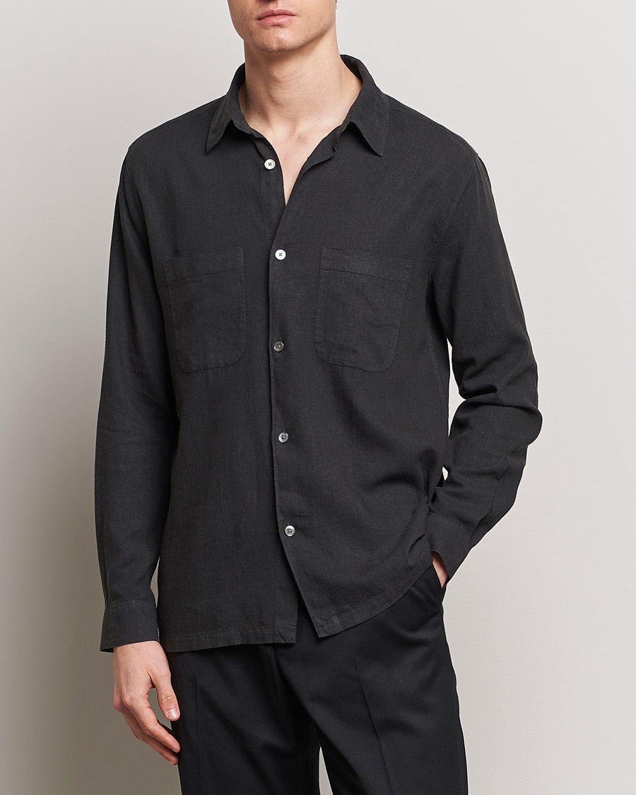 Herren | Hemden | A Day's March | Balain Linen/Viscose Shirt Off Black