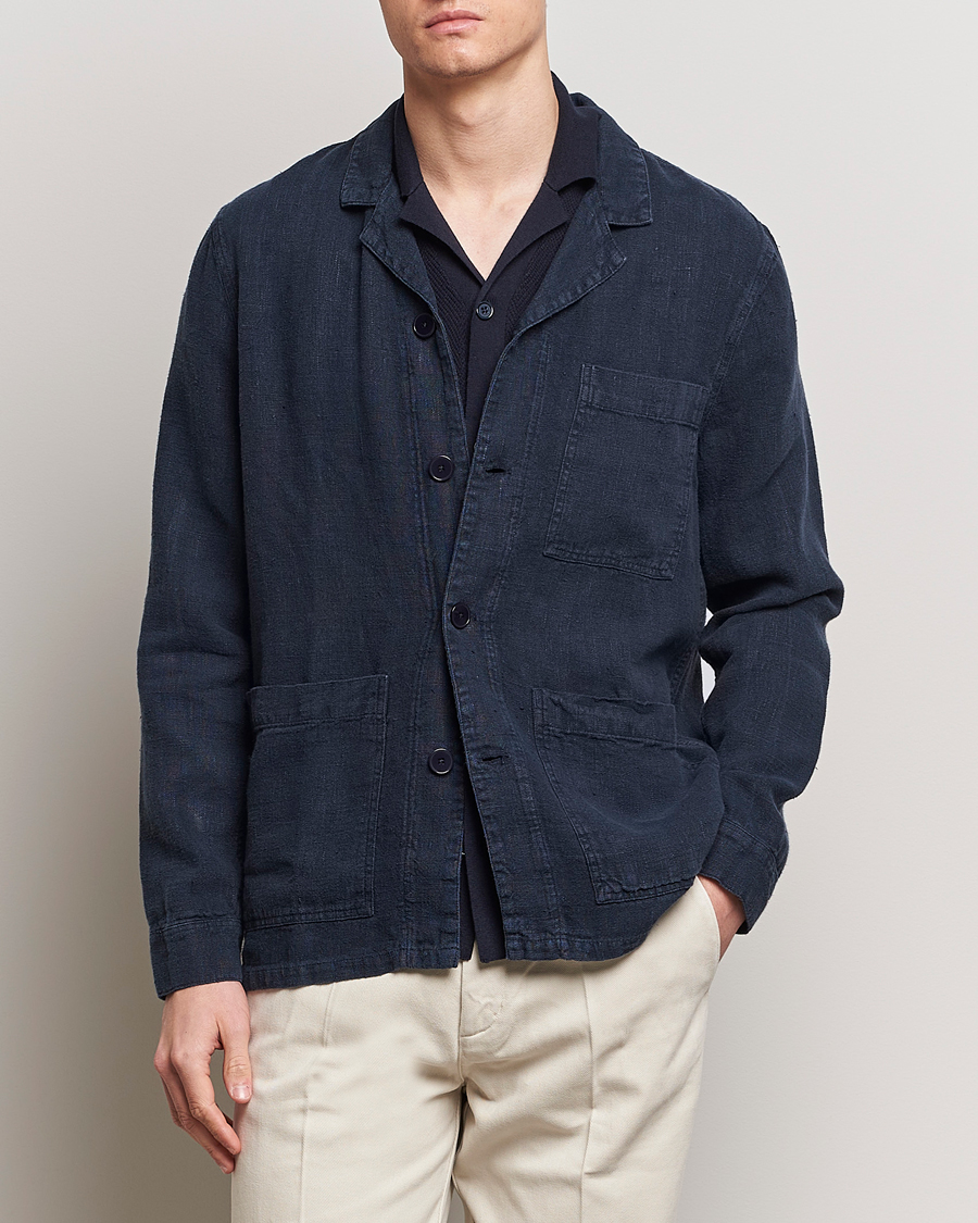 Herren | Frühlingsjacken | A Day's March | Bangher Linen Overshirt Navy