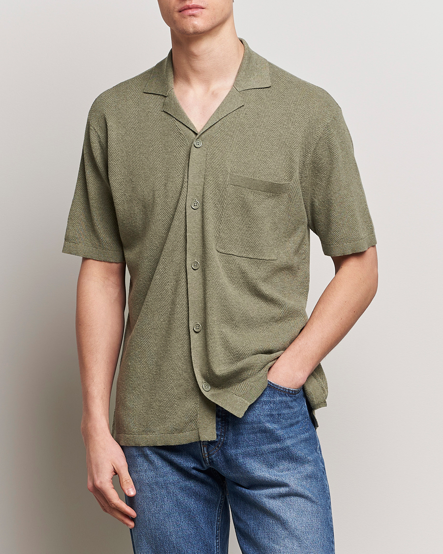 Herren | Hemden | A Day's March | Yamu Knitted Herringbone Shirt Olive