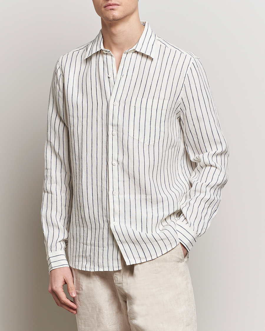 Herren | Hemden | A Day's March | Abu Striped Linen Shirt White/Navy