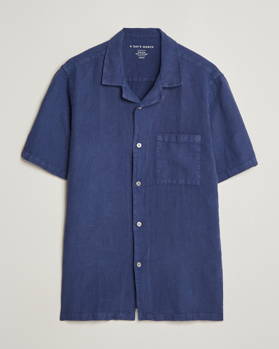Herren | Hemden | A Day's March | Yamu Short Sleeve Linen Shirt Brewers Blue