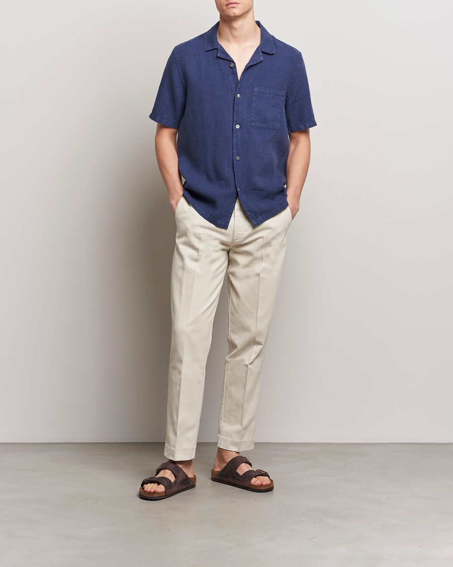 Herren | Hemden | A Day's March | Yamu Short Sleeve Linen Shirt Brewers Blue